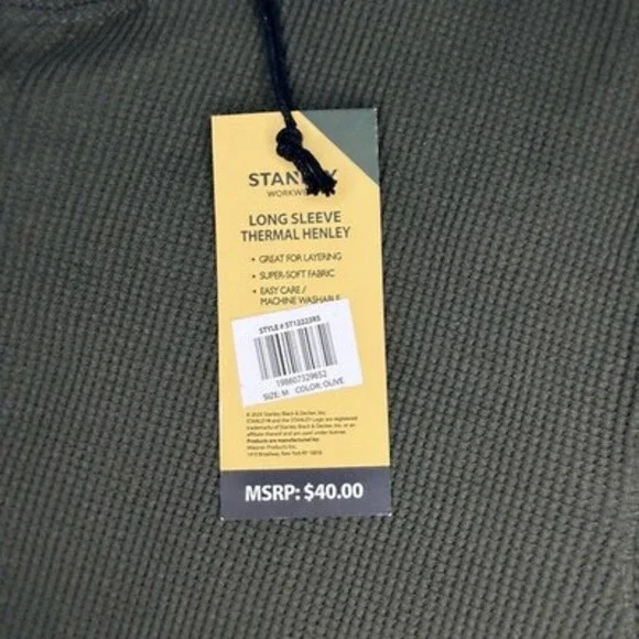 Stanley Workwear Henley Shirt Mens Med. Olive Thermal Waffle Knit, Long Sleeve - Picture 5 of 5